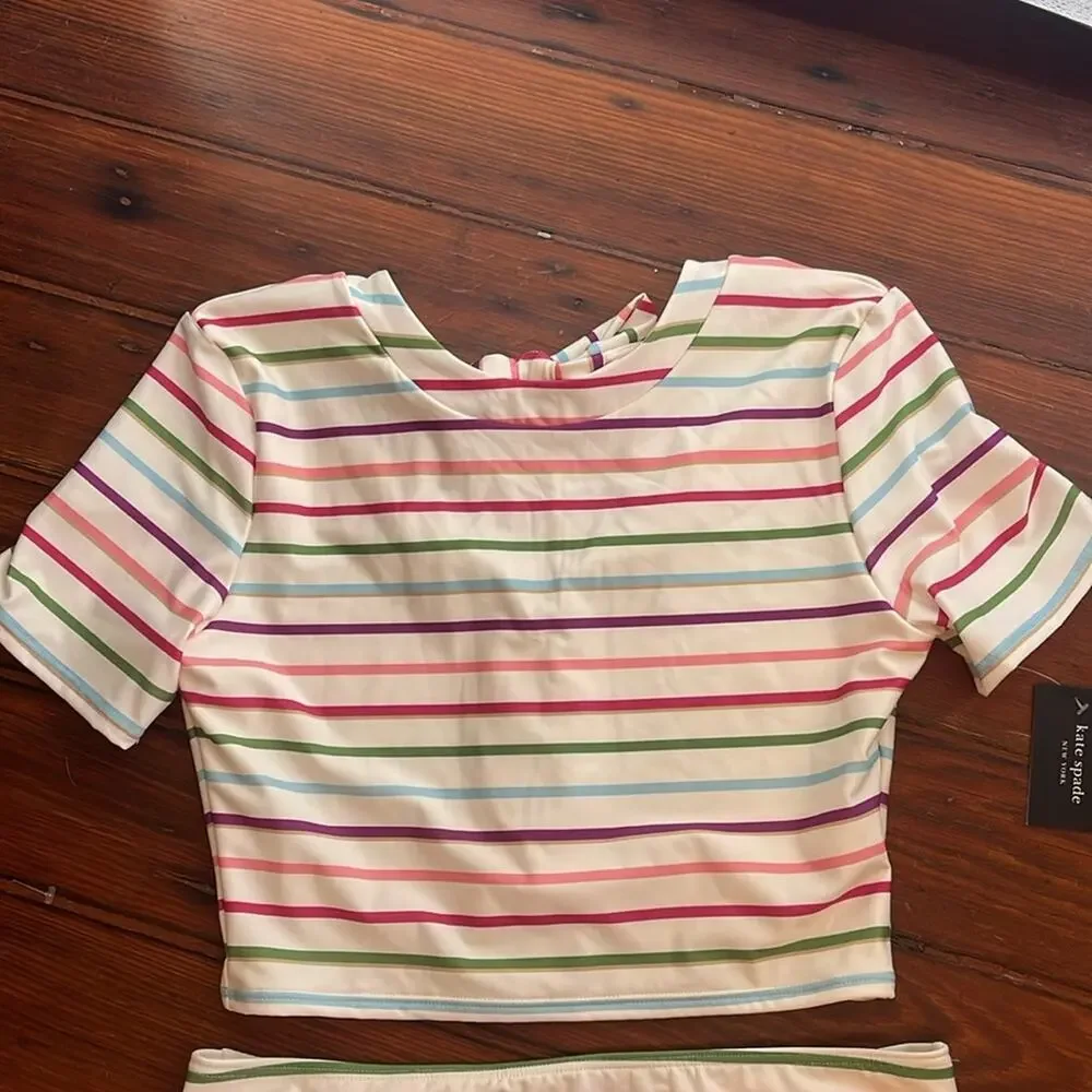 NWT Kate Spade striped short sleeve crewneck modest bikini swimsuit set sz L